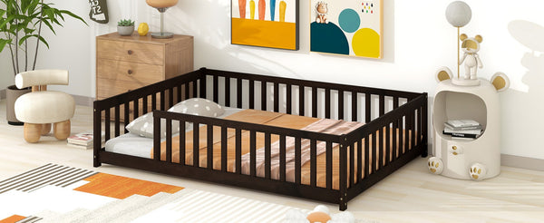 English Elm Full Size Montessori Floor Bed Rubberwood Frame with Safety Guardrails for Kids Espresso W504P454752