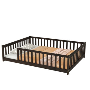 English Elm Full Size Montessori Floor Bed Rubberwood Frame with Safety Guardrails for Kids Espresso W504P454752