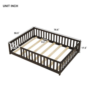 English Elm Full Size Montessori Floor Bed Rubberwood Frame with Safety Guardrails for Kids Espresso W504P454752