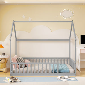 English Elm Twin Pine Wood House Bed Floor Frame with Guardrails for Kids Cottage Style Room Grey W504P460854