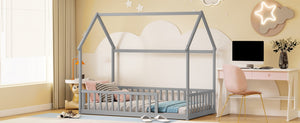 English Elm Twin Pine Wood House Bed Floor Frame with Guardrails for Kids Cottage Style Room Grey W504P460854