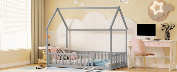 English Elm Twin Pine Wood House Bed Floor Frame with Guardrails for Kids Cottage Style Room Grey W504P460854