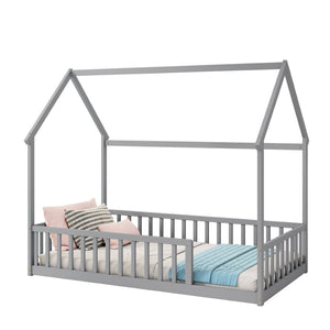 English Elm Twin Pine Wood House Bed Floor Frame with Guardrails for Kids Cottage Style Room Grey W504P460854