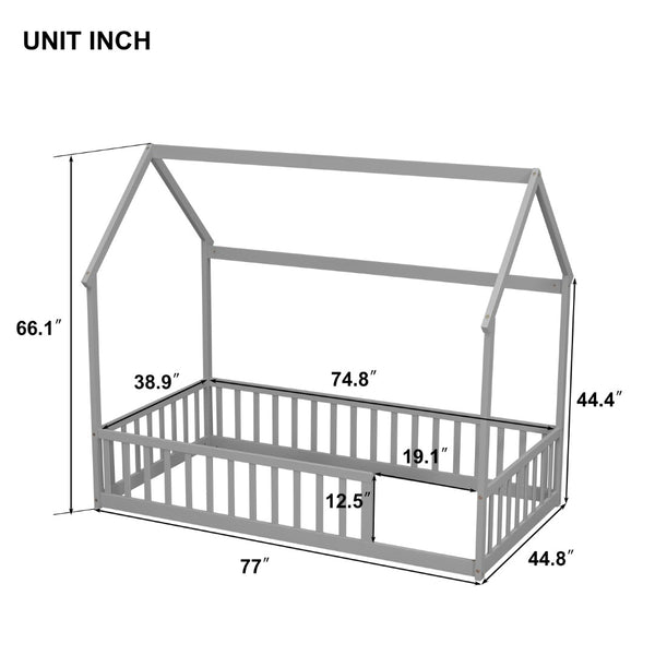 English Elm Twin Pine Wood House Bed Floor Frame with Guardrails for Kids Cottage Style Room Grey W504P460854