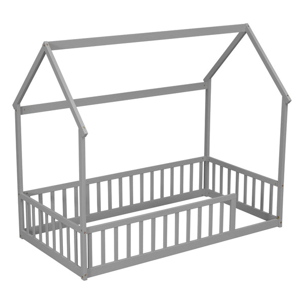 English Elm Twin Pine Wood House Bed Floor Frame with Guardrails for Kids Cottage Style Room Grey W504P460854