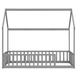 English Elm Twin Pine Wood House Bed Floor Frame with Guardrails for Kids Cottage Style Room Grey W504P460854