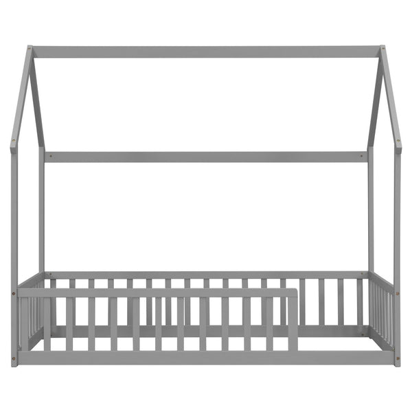 English Elm Twin Pine Wood House Bed Floor Frame with Guardrails for Kids Cottage Style Room Grey W504P460854