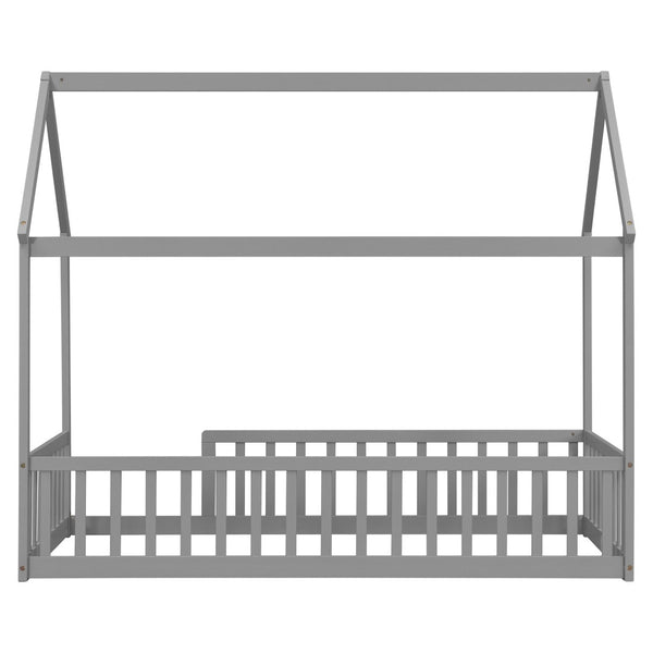 English Elm Twin Pine Wood House Bed Floor Frame with Guardrails for Kids Cottage Style Room Grey W504P460854
