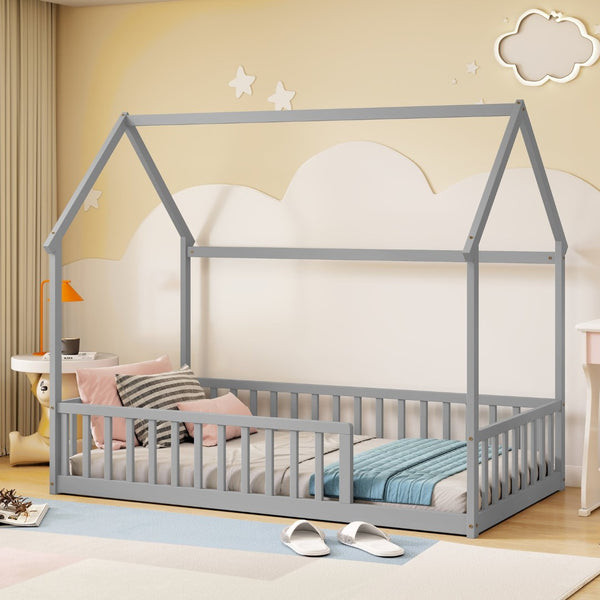 English Elm Twin Pine Wood House Bed Floor Frame with Guardrails for Kids Cottage Style Room Grey W504P460854