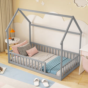 English Elm Twin Pine Wood House Bed Floor Frame with Guardrails for Kids Cottage Style Room Grey W504P460854