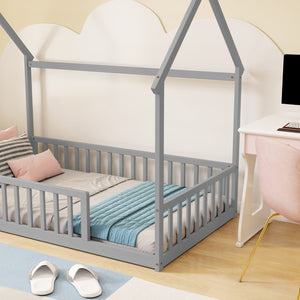 English Elm Twin Pine Wood House Bed Floor Frame with Guardrails for Kids Cottage Style Room Grey W504P460854