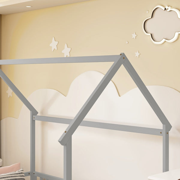 English Elm Twin Pine Wood House Bed Floor Frame with Guardrails for Kids Cottage Style Room Grey W504P460854
