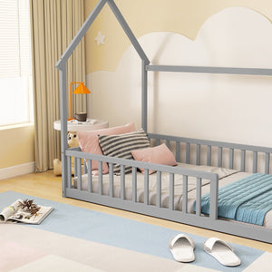 English Elm Twin Pine Wood House Bed Floor Frame with Guardrails for Kids Cottage Style Room Grey W504P460854