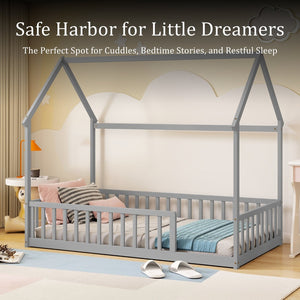 English Elm Twin Pine Wood House Bed Floor Frame with Guardrails for Kids Cottage Style Room Grey W504P460854