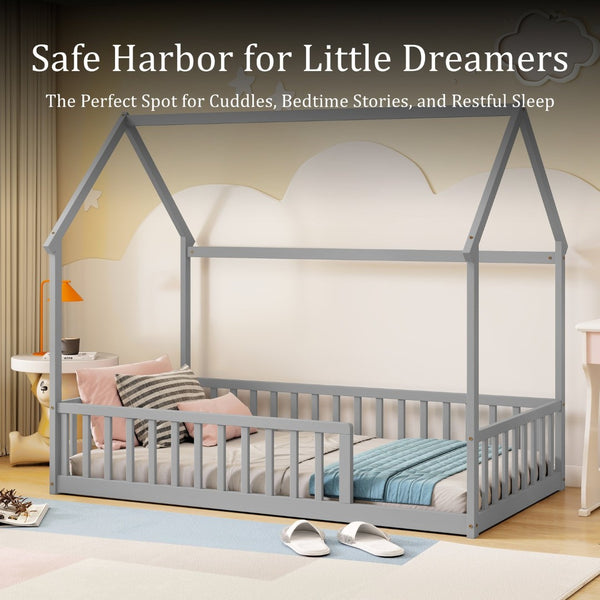 English Elm Twin Pine Wood House Bed Floor Frame with Guardrails for Kids Cottage Style Room Grey W504P460854