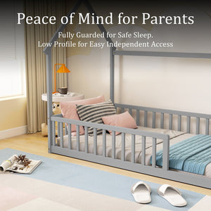 English Elm Twin Pine Wood House Bed Floor Frame with Guardrails for Kids Cottage Style Room Grey W504P460854