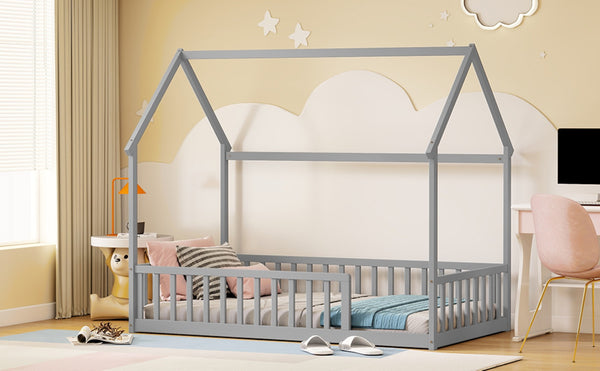 English Elm Twin Pine Wood House Bed Floor Frame with Guardrails for Kids Cottage Style Room Grey W504P460854