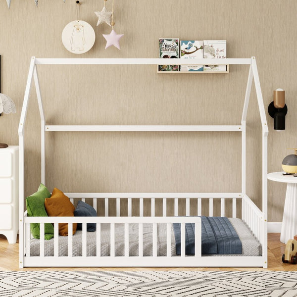English Elm Twin Pine Wood House Bed Floor Frame with Guardrails for Kids Cottage Style Room White W504P460855