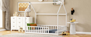 English Elm Twin Pine Wood House Bed Floor Frame with Guardrails for Kids Cottage Style Room White W504P460855