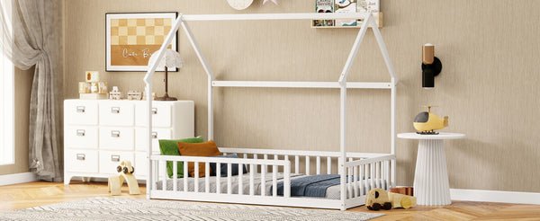 English Elm Twin Pine Wood House Bed Floor Frame with Guardrails for Kids Cottage Style Room White W504P460855