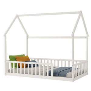 English Elm Twin Pine Wood House Bed Floor Frame with Guardrails for Kids Cottage Style Room White W504P460855