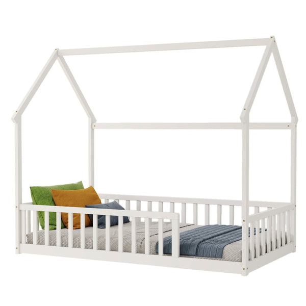 English Elm Twin Pine Wood House Bed Floor Frame with Guardrails for Kids Cottage Style Room White W504P460855
