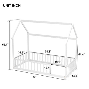 English Elm Twin Pine Wood House Bed Floor Frame with Guardrails for Kids Cottage Style Room White W504P460855