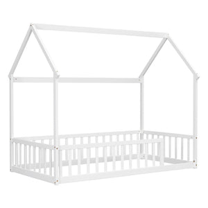 English Elm Twin Pine Wood House Bed Floor Frame with Guardrails for Kids Cottage Style Room White W504P460855