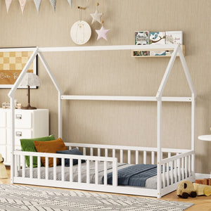 English Elm Twin Pine Wood House Bed Floor Frame with Guardrails for Kids Cottage Style Room White W504P460855