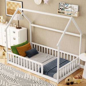 English Elm Twin Pine Wood House Bed Floor Frame with Guardrails for Kids Cottage Style Room White W504P460855
