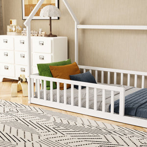 English Elm Twin Pine Wood House Bed Floor Frame with Guardrails for Kids Cottage Style Room White W504P460855