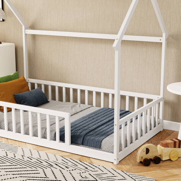 English Elm Twin Pine Wood House Bed Floor Frame with Guardrails for Kids Cottage Style Room White W504P460855