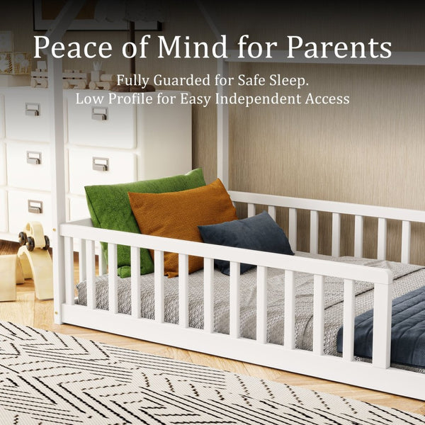 English Elm Twin Pine Wood House Bed Floor Frame with Guardrails for Kids Cottage Style Room White W504P460855