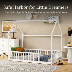 English Elm Twin Pine Wood House Bed Floor Frame with Guardrails for Kids Cottage Style Room White W504P460855