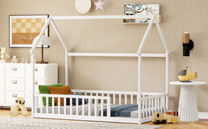 English Elm Twin Pine Wood House Bed Floor Frame with Guardrails for Kids Cottage Style Room White W504P460855