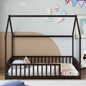English Elm Twin Pine Wood House Bed Floor Frame with Guardrails for Kids Cottage Style Room Espresso W504P460856