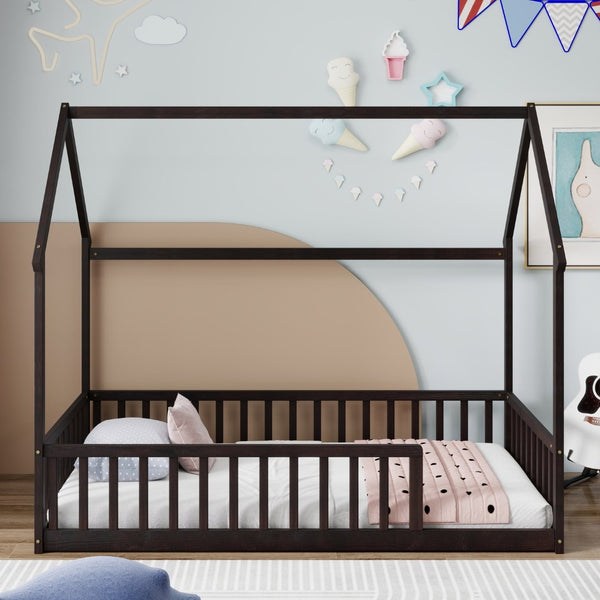 English Elm Twin Pine Wood House Bed Floor Frame with Guardrails for Kids Cottage Style Room Espresso W504P460856