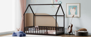 English Elm Twin Pine Wood House Bed Floor Frame with Guardrails for Kids Cottage Style Room Espresso W504P460856
