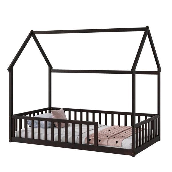 English Elm Twin Pine Wood House Bed Floor Frame with Guardrails for Kids Cottage Style Room Espresso W504P460856