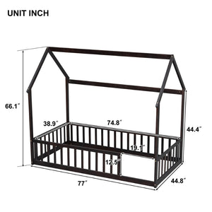 English Elm Twin Pine Wood House Bed Floor Frame with Guardrails for Kids Cottage Style Room Espresso W504P460856