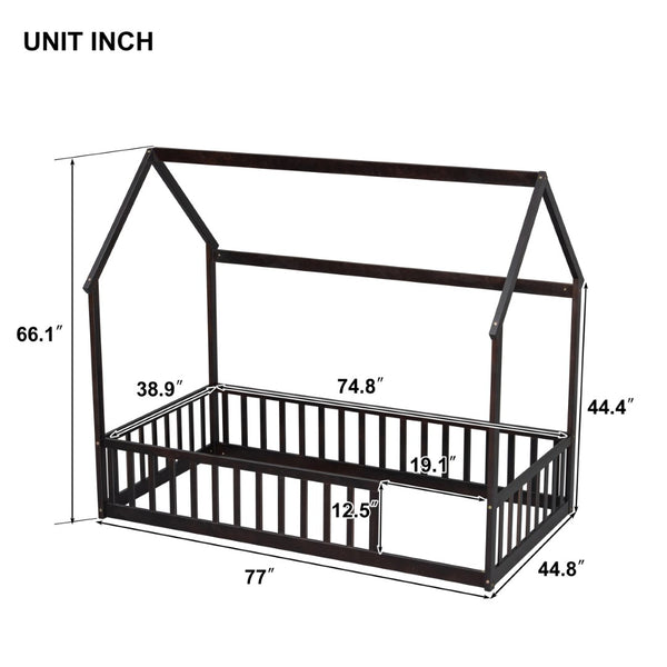 English Elm Twin Pine Wood House Bed Floor Frame with Guardrails for Kids Cottage Style Room Espresso W504P460856