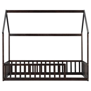 English Elm Twin Pine Wood House Bed Floor Frame with Guardrails for Kids Cottage Style Room Espresso W504P460856