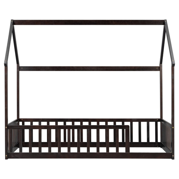 English Elm Twin Pine Wood House Bed Floor Frame with Guardrails for Kids Cottage Style Room Espresso W504P460856