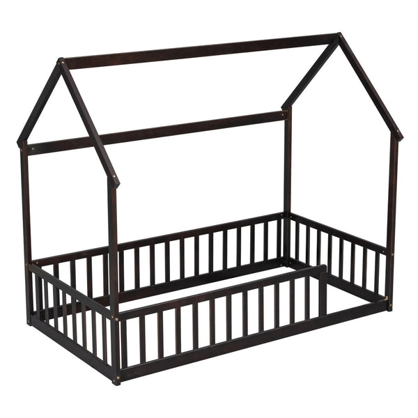 English Elm Twin Pine Wood House Bed Floor Frame with Guardrails for Kids Cottage Style Room Espresso W504P460856