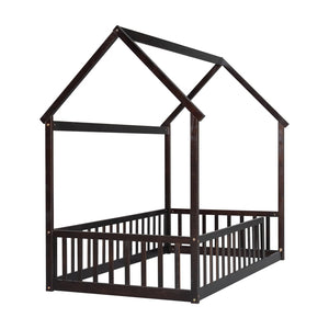 English Elm Twin Pine Wood House Bed Floor Frame with Guardrails for Kids Cottage Style Room Espresso W504P460856