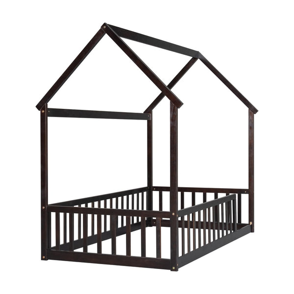 English Elm Twin Pine Wood House Bed Floor Frame with Guardrails for Kids Cottage Style Room Espresso W504P460856