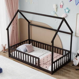 English Elm Twin Pine Wood House Bed Floor Frame with Guardrails for Kids Cottage Style Room Espresso W504P460856