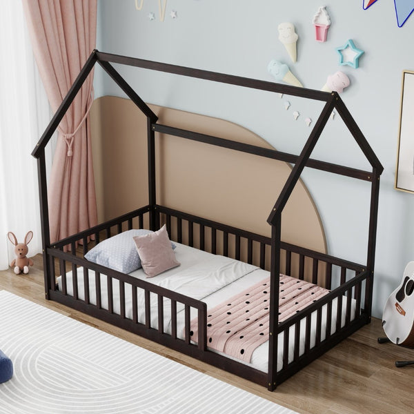 English Elm Twin Pine Wood House Bed Floor Frame with Guardrails for Kids Cottage Style Room Espresso W504P460856