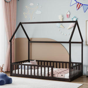 English Elm Twin Pine Wood House Bed Floor Frame with Guardrails for Kids Cottage Style Room Espresso W504P460856