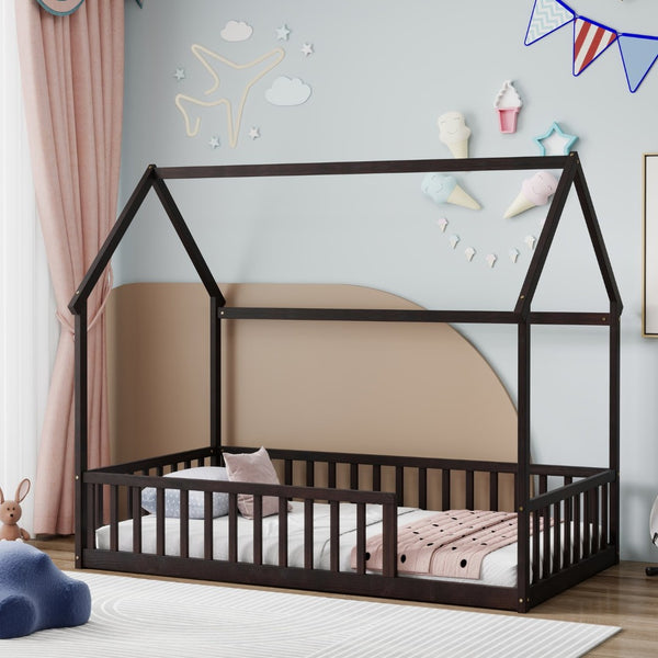 English Elm Twin Pine Wood House Bed Floor Frame with Guardrails for Kids Cottage Style Room Espresso W504P460856